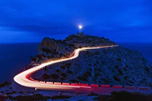 Car light trails, Cap Formentor lighthouse, Majorca, Balearic Islands, Spain Car light trails, Cap Formentor lighthouse, Majorca, Balearic Islands, Spain