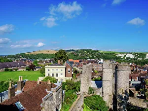 European Fortifications History Prints: Castle Gate (Barbican), elevated view, Lewes, East Sussex, England, United Kingdom, Europe