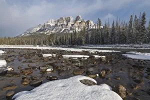 Castle Mountain and the Bow River after an early winter snowfall, Banff National Park, UNESCO World Heritage Site Castle Mountain and the Bow River after an early winter snowfall, Banff National Park, UNESCO World Heritage Site