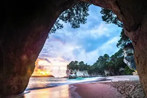 North Island Prints: Cathedral Cove Beach Print at Sunrise
