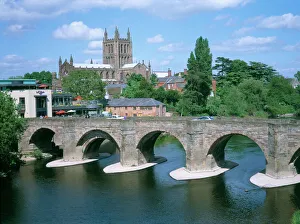 Prints of Cathedral, medieval bridge and the River Wye, Hereford, Herefordshire, England, United Kingdom, Europe Herefordshire Prints: Hereford Cathedral Print featuring the River Wye and medieval bridge