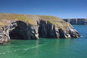 United Kingdom Nature Images Prints: Caves at Raming Hole, looking towards Stackpole Head