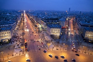 Paris Cityscape At Night Prints: The Champs Elysees at night from the Arc de Triomphe, Paris, France, Europe