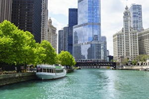 Chicago River with Trump Tower and Wrigley Building, Chicago, Illinois, United States of America Chicago River with Trump Tower and Wrigley Building, Chicago, Illinois, United States of America