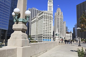 Chicago Riverwalk on West Wacker Drive with Trump Tower, Wrigley Building and Tribune Tower, Chicago, Illinois Chicago Riverwalk on West Wacker Drive with Trump Tower, Wrigley Building and Tribune Tower, Chicago, Illinois