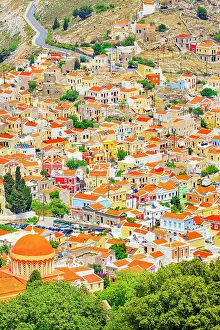 Dodecanese Islands Tourism Prints: Chorio (upper town), high angle view, Chorio, Symi Island, Dodecanese Islands, Greece