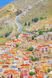 Mediterranean Coastal Scenery Prints: Chorio (upper town), high angle view, Chorio, Symi Island, Dodecanese Islands, Greece