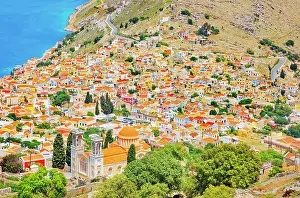 Dodecanese Island Hopping Prints: Chorio (upper town), high angle view, Chorio, Symi Island, Dodecanese Islands, Greece