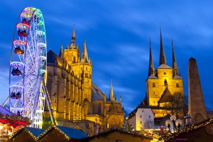 Christmas Market with Saint Marien Cathedral and Severi Church in the background Christmas Market with Saint Marien Cathedral and Severi Church in the background