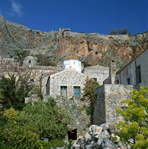 Europe Landmarks Prints: A church with cliffs behind at Monemvasia