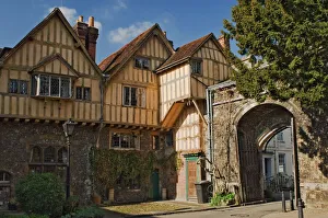A city gate with timbered infilled gabled building, Winchester, Hampshire A city gate with timbered infilled gabled building, Winchester, Hampshire