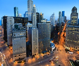 United States Urban Landscape Prints: Cityscape at dusk, high angle view of the Loop district