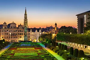 Cityscape at sunset, Mont des Arts Floodlit Garden, Brussels, Belgium, Europe Cityscape at sunset, Mont des Arts Floodlit Garden, Brussels, Belgium, Europe