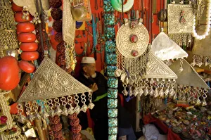 Close up of traditional metal jewellery in handicraft shop Close up of traditional metal jewellery in handicraft shop