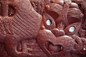 Close-up of Maori carving on Ohinemutu marae meeting house Close-up of Maori carving on Ohinemutu marae meeting house