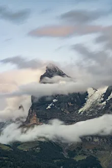 Eiger Mountain Switzerland Prints: Clouds over Eiger mountain and green alpine valley, Murren, Lauterbrunnen