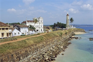 Sunny Day At The Shore Prints: Colonial buildings and lighthouse
