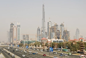 Travel Destinations In The Middle East Prints: Construction site along Sheik Zayed Road, Dubai, United Arab Emirates, Middle East