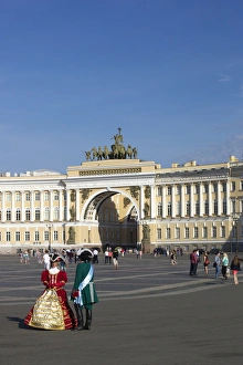 Traditional Russian Culture Prints: Costumed figures in Palace Square
