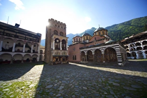 Courtyard, Church of the Nativity and Hrelyos Tower, Rila Monastery Courtyard, Church of the Nativity and Hrelyos Tower, Rila Monastery