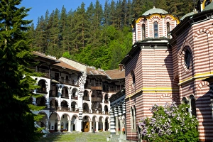 Courtyard, dormitories and Church of the Nativity, Rila Monastery, UNESCO World Heritage Site Courtyard, dormitories and Church of the Nativity, Rila Monastery, UNESCO World Heritage Site