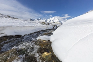 A creek in the snowy vallley with Monte Disgrazia in the background, Malenco Valley A creek in the snowy vallley with Monte Disgrazia in the background, Malenco Valley