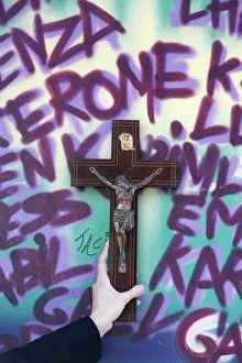 Cross and graffiti, Chambery, Savoie, France, Europe Cross and graffiti, Chambery, Savoie, France, Europe