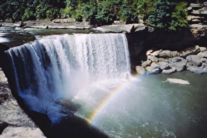Prints of Cumberland Falls on the Cumberland River, it drops 60 feet over the sandstone edge, Kentucky, USA Cumberland Prints: Cumberland Falls Print, 60-foot Sandstone Edge Drop