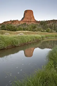 Blue Sky Photography Prints: Devils Tower reflected in a stream, Devils Tower National Monument