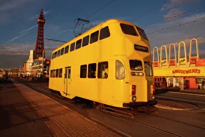 United Kingdom Photography Prints: Double decker tram and Blackpool tower, Blackpool Lancashire, England, United Kingdom