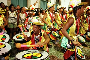 Drum band Olodum performing in Pelourinho during carnival, Bahia, Brazil, South America Drum band Olodum performing in Pelourinho during carnival, Bahia, Brazil, South America