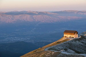 Duca degli Abruzzi mountain hut at sunrise, Gran Sasso e Monti della Laga National Park Duca degli Abruzzi mountain hut at sunrise, Gran Sasso e Monti della Laga National Park