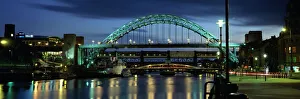 Prints of Dusk view towards Tyne Bridge over River Tyne, Quayside, Newcastle upon Tyne, Tyne and Wear, England, United Kingdom, Europe River Prints: Tyne Bridge Print at Dusk over River Tyne