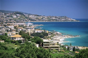 Italian Riviera Coastal Towns Prints: Elevated beach front and town view