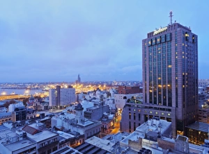 Elevated view of the City Centre with the characteristic building of the Radisson Hotel Elevated view of the City Centre with the characteristic building of the Radisson Hotel