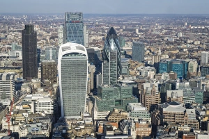 Elevated view of skyscrapers in the City of Londons financial district, London, England Elevated view of skyscrapers in the City of Londons financial district, London, England