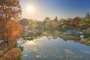 Elevated view of small pagoda in autumn in a wide park scene in Hangzhou, Zhejiang, China Elevated view of small pagoda in autumn in a wide park scene in Hangzhou, Zhejiang, China