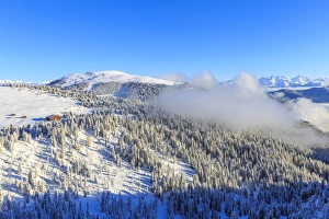 Erbe Pass and the forest on the side of the Gardena Valley after a snowfall, Funes Valley Erbe Pass and the forest on the side of the Gardena Valley after a snowfall, Funes Valley