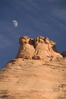 Blue Sky Scenic Views Prints: Eroded rock formations with moon in the sky