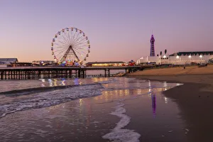 European Beach Resorts Prints: Evening scene on Blackpool Beach, Blackpool, Lancashire, England, United Kingdom, Europe