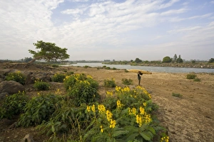 The famous outlet of the Blue Nile into Lake Tana, local man carrying a tankwa The famous outlet of the Blue Nile into Lake Tana, local man carrying a tankwa