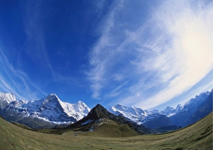 Fish Eye Lens of Mt Eiger, Mt Jungfrau and Mt Monch, Bernese Oberland, Switzerland Fish Eye Lens of Mt Eiger, Mt Jungfrau and Mt Monch, Bernese Oberland, Switzerland