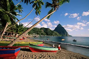 Fishing boats at Soufriere with the Pitons in the background Fishing boats at Soufriere with the Pitons in the background