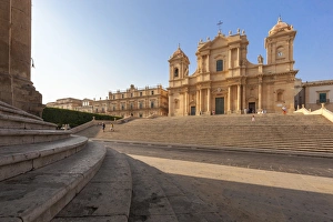Flight of steps frames the ancient facade of Cattedrale di San Nicola di Mira, Noto Flight of steps frames the ancient facade of Cattedrale di San Nicola di Mira, Noto
