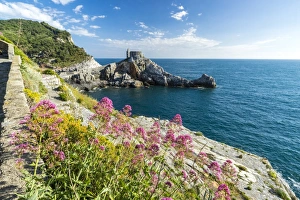 Flowers and blue sea frame the old castle and church on the promontory, Portovenere Flowers and blue sea frame the old castle and church on the promontory, Portovenere