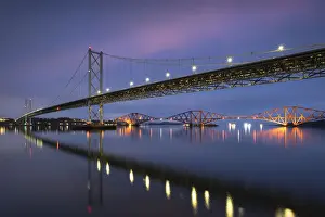 Firth Of Forth Scotland Prints: The Forth Road Bridge and Forth Railway Bridge at night spanning the Firth of Forth
