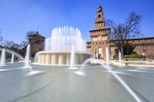 Historical Buildings In Italy Prints: The fountain frames the ancient Sforza Castle, Milan, Lombardy, Italy, Europe