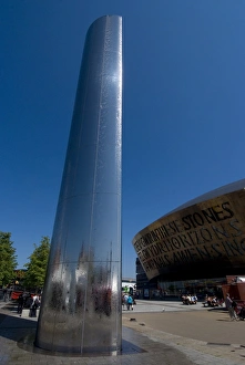 Wales Travel Destinations Prints: Fountain and Millenium Centre, Cardiff Bay, Cardiff, Wales, United Kingdom, Europe