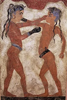 Prints of Fresco of children boxing from Akrotiri, dating from around 1600 BC, island of Santorini (Thira), Cyclades, Greece, Europe Greece Prints: Print of Children Boxing in Ancient Greek Fresco