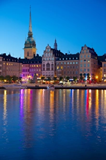 Gamla Stan and Riddarholmen with spire of Riddarholmskyrkan (Riddarholmen Church) at dusk Gamla Stan and Riddarholmen with spire of Riddarholmskyrkan (Riddarholmen Church) at dusk